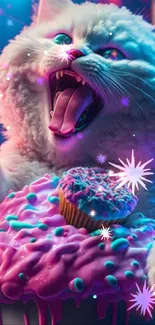 Playful cat with cupcake in neon light.