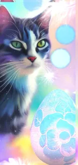 Artistic cat and blue egg on a pastel background.