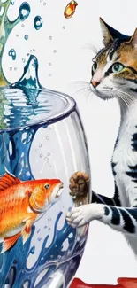 Artistic wallpaper with cat and fish bowl, vibrant colors.