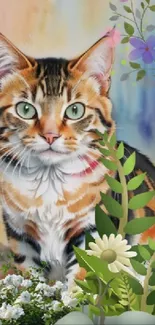 Vibrant artistic cat with floral and watercolor background.