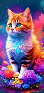 Colorful cat with flowers in vibrant art style mobile wallpaper.