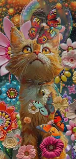 Whimsical cat amidst colorful flowers and butterflies, vibrant phone wallpaper.