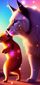 Vibrant wallpaper of a cat and kitten in warm gradient colors.