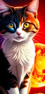 Vibrant mobile wallpaper featuring a cat with a glowing moon backdrop.