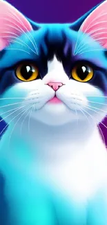 Vibrant turquoise and blue cat digital art wallpaper.