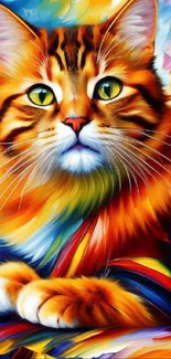 Vibrant, colorful cat artwork with orange, blue, and yellow hues.