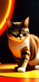 Realistic cat in neon orange and yellow light, creating a vibrant artistic wallpaper.