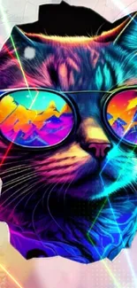 Colorful cat with sunglasses reflecting mountains in vibrant art style.