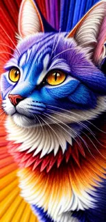 Vibrant artwork of a colorful cat with a striking blue face and radiant colors.