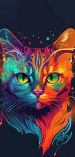 Colorful cat illustration with vibrant patterns on dark background.