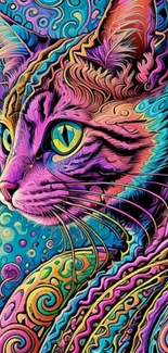 Colorful psychedelic cat wallpaper with vibrant patterns.