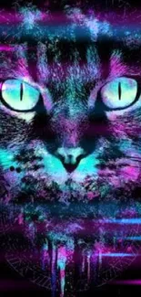 Vibrant neon cat art with glowing eyes on a dark background.