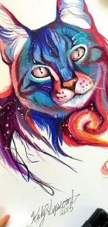 Vibrant cat art wallpaper with blue and red dominant colors.