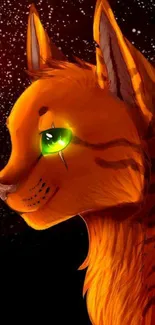 Vibrant orange cat with green eyes in digital art style on starry background.