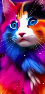 Vivid, colorful cat with blue eyes in abstract art wallpaper.