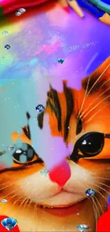 Colorful cat-themed wallpaper with vibrant art and gemstones.