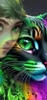 Vibrant digital art wallpaper of a cat with green eyes and colorful splash.