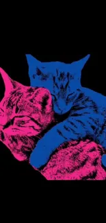 Blue and pink cats on a vibrant black background.