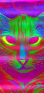 Vibrant psychedelic cat artwork in bold neon colors for phone wallpaper.