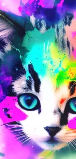 Vibrant cat with colorful splashes on wallpaper.