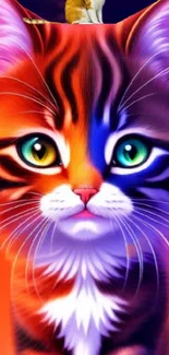 Colorful artistic cat with vibrant eyes in a digital wallpaper design.