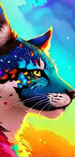 Vibrant artistic cat design with blue hues and vivid colors.