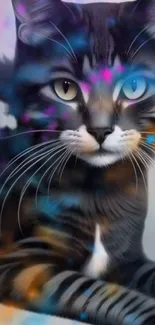 Vibrant art cat with colorful abstract patterns.