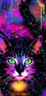 Neon-colored cat art with vibrant hues on a mobile wallpaper.