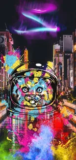 Astronaut cat in a colorful, neon cityscape at night.