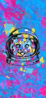 Colorful cat astronaut in a vivid blue wallpaper.