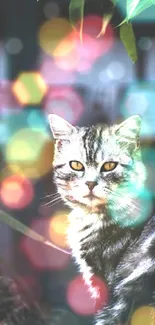 Cat with bokeh light effects in nature-themed wallpaper.