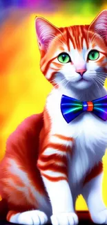 Colorful cat with bowtie on a vibrant background.