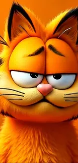Vibrant orange cartoon cat with a playful expression as wallpaper.