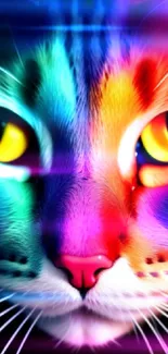 Vibrant rainbow-colored cat face wallpaper, perfect for mobile screens.