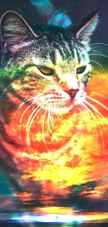 Vibrantly colored cat blends into cosmic sunset sky.