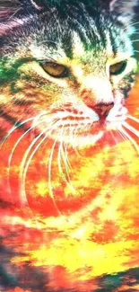 Colorful cat face in cosmic sky wallpaper.