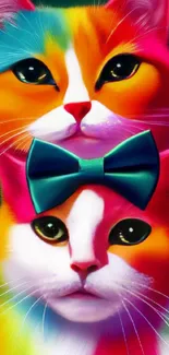 A pair of vibrant, neon-colored cats with a bow tie, perfect for a chic mobile wallpaper.