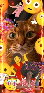 Wallpaper with a cat and emojis in vibrant colors.