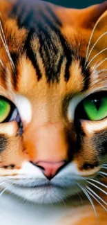 Vibrant cat face with striking green eyes up close.