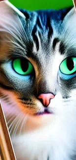 Close-up of cat with green eyes on mobile wallpaper.