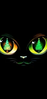 Black wallpaper with cat eyes reflecting Christmas trees.