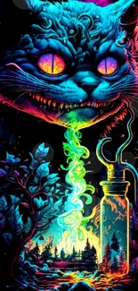 Neon colored fantasy cat with surreal elements and vibrant hues.