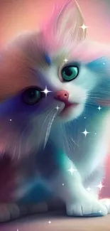 Vibrant fantasy art of a colorful cat on a dreamy background.