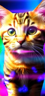 Vibrant cat in a rainbow fantasy setting on a mobile wallpaper.