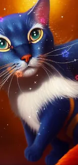 Vibrant blue and orange cat with green eyes in a fantasy-style design.