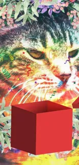 Vibrant cat wallpaper with floral and open box design