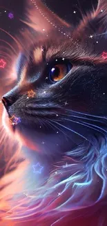 Vibrant fantasy cat wallpaper with glowing eyes and colorful aura.