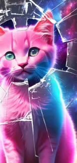 Neon pink cat with shattered glass in a cosmic galaxy setting.