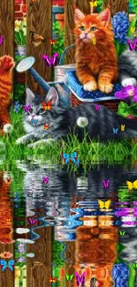 Playful cats in a colorful garden with reflections in water.