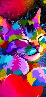 Colorful cat cuddling heart in vibrant wallpaper.